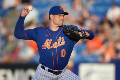 Mar 22, 2022; Port St. Lucie, Florida, USA; New York Mets relief pitcher Adam Ottavino (0) delivers