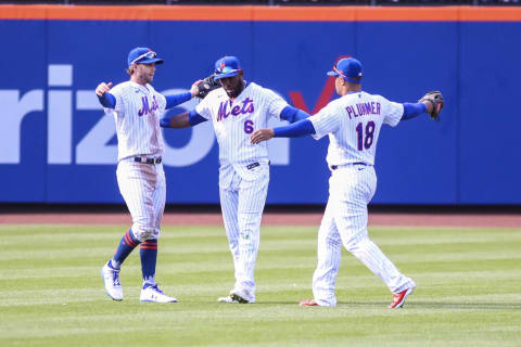 Apr 17, 2022; New York City, New York, USA; New York Mets outfielders Jeff McNeil (1) Starling Marte