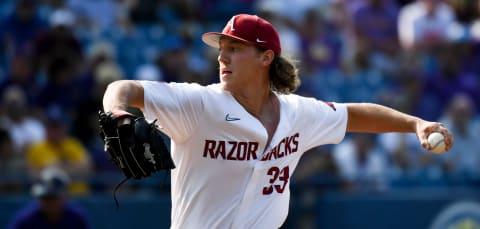 Arkansas starting pitcher Hagen Smith pitches against LSU during the SEC Tournament elimination game Thursday, May 25, 2023, at the Hoover Met.