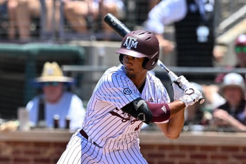 Jun 8, 2024; College Station, TX, USA; Texas A&M outfielder Braden Montgomery (6) at bat during the first inning against the Oregon at Olsen Field, Blue Bell Park Mandatory Credit: Maria Lysaker-USA TODAY Sports