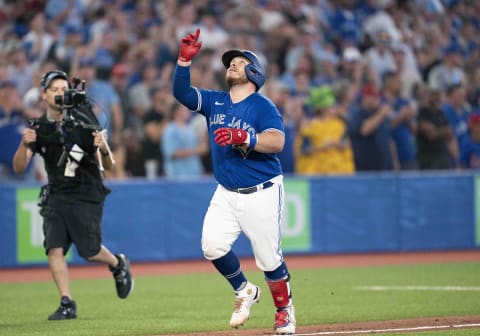 Aug 31, 2022; Toronto, Ontario, CAN; Toronto Blue Jays catcher Alejandro Kirk (30) celebrates after