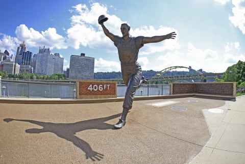 Jul 28, 2020; Pittsburgh, Pennsylvania, USA; Statue depicting the 1960 World Series home run hit by