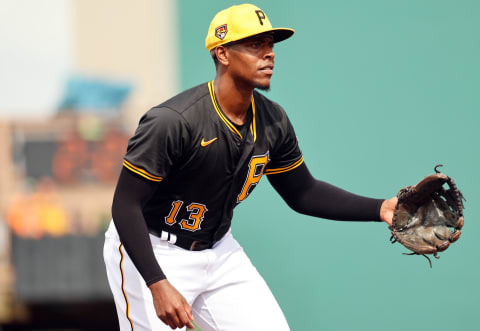 Mar 5, 2024; Bradenton, Florida, USA;  Pittsburgh Pirates third baseman Ke'Bryan Hayes (13) during