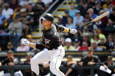 Mar 6, 2017; Bradenton, FL, USA; Pittsburgh Pirates center fielder Austin Meadows (77) hits a 2-RBI