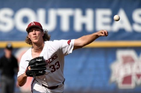 Arkansas starting pitcher Hagen Smith pitches against LSU during the SEC Tournament elimination game