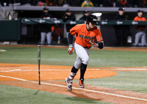 Oregon State infielder Garret Forrester (44) runs to first base during the game against the Oregon