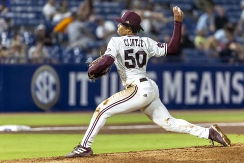 May 23, 2024; Hoover, AL, USA; Mississippi State Bulldogs pitcher Jurrangelo Cijntje (50) pitches against the Vanderbilt Commodores during the SEC Baseball Tournament at Hoover Metropolitan Stadium. Mandatory Credit: Vasha Hunt-USA TODAY Sports