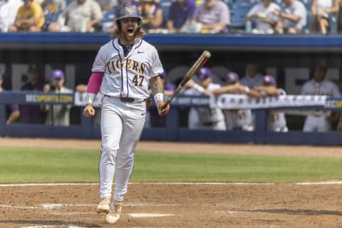 May 25, 2024; Hoover, AL, USA; LSU Tigers infielder Tommy White (47) reacts after a big swing against the South Carolina Gamecocks during the SEC Baseball Tournament at Hoover Metropolitan Stadium. Mandatory Credit: Vasha Hunt-USA TODAY Sports