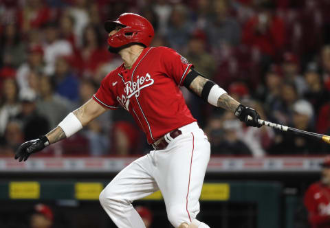 Cincinnati Reds right fielder Nick Castellanos (2) watches his home run.