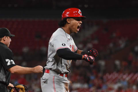 Cincinnati Reds shortstop Jose Barrero (38) reacts after an RBI.