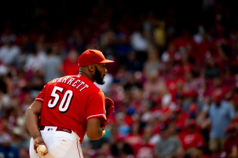 Cincinnati Reds relief pitcher Amir Garrett (50) prepares to pitch.