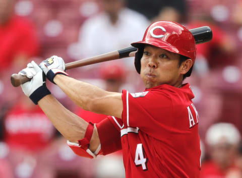 Cincinnati Reds center fielder Shogo Akiyama (4) bats.