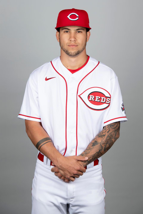 Mar 1, 2021; Goodyear, AZ, USA; Cincinnati Reds Lyon Richardson (78) poses during media day at