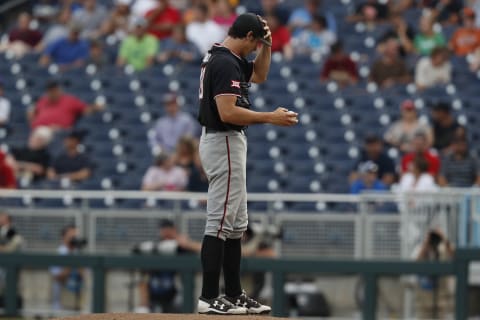 Texas Tech Red Raiders pitcher Bryce Bonnin (40) prepares to throw.