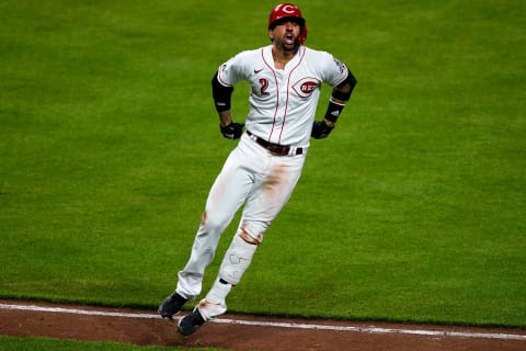 Cincinnati Reds right fielder Nick Castellanos (2) reacts after hitting a solo home run.