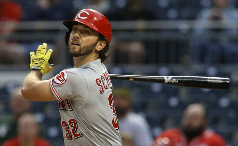 Cincinnati Reds left fielder Max Schrock (32) at bat.