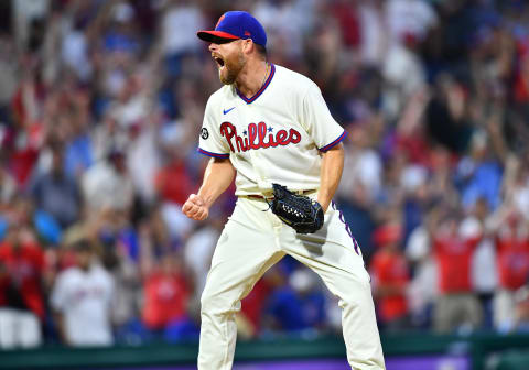 Philadelphia Phillies pitcher Ian Kennedy (31) reacts.