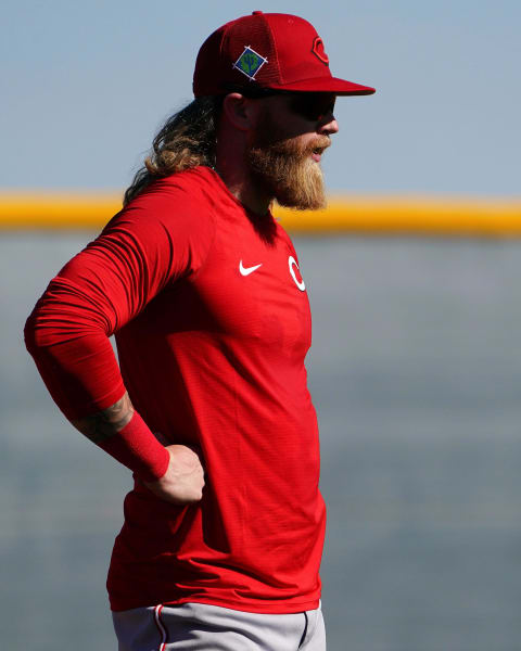 Cincinnati Reds outfielder Jake Fraley (27) participates in outfield drills during workouts.