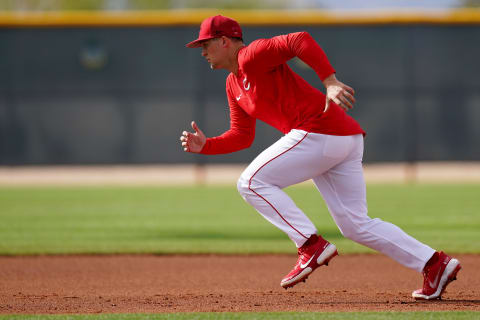 Cincinnati Reds outfielder Nick Senzel (15) participates in base-running drills.