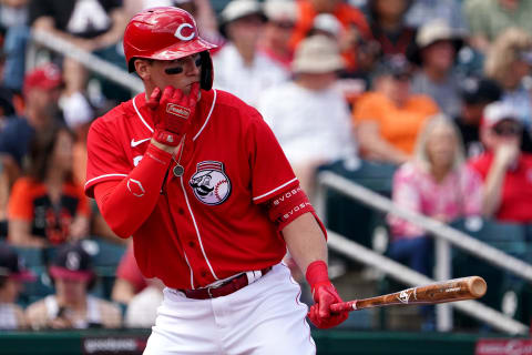 Cincinnati Reds catcher Tyler Stephenson (37) gets set for a pitch in the batter's box.