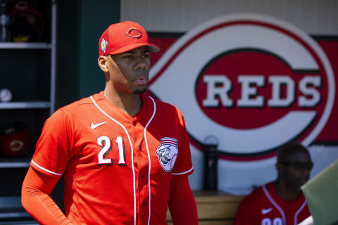 Apr 5, 2022; Goodyear, Arizona, USA; Cincinnati Reds pitcher Hunter Greene against the Seattle