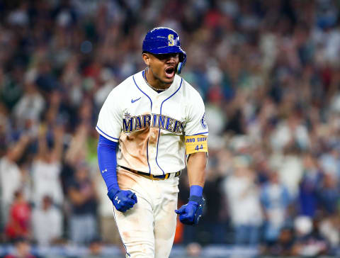 Sep 11, 2022; Seattle, Washington, USA;  Seattle Mariners center fielder Julio Rodriguez (44) reacts