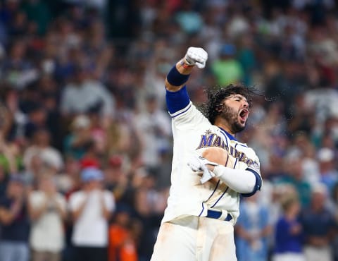 Sep 11, 2022; Seattle, Washington, USA;  Seattle Mariners third baseman Eugenio Suarez (28) yells