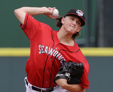 Erie SeaWolves starting pitcher Reese Olson throws against the Reading Fightin' Phils at UPMC Park