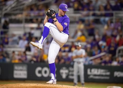 Tigers starting pitcher Paul Skenes on the mound as The LSU Tigers take on the Butler Bulldogs.