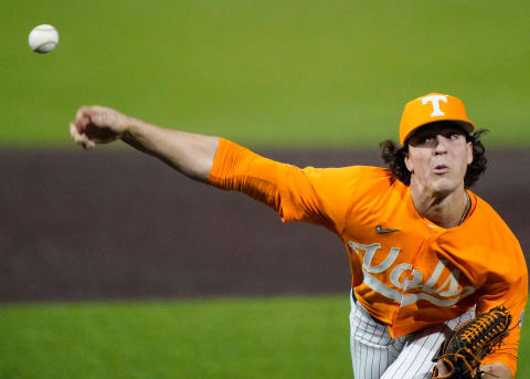 Tennessee pitcher Chase Dollander (11) pitches against Vanderbilt during the first inning at Hawkins Field in Nashville.