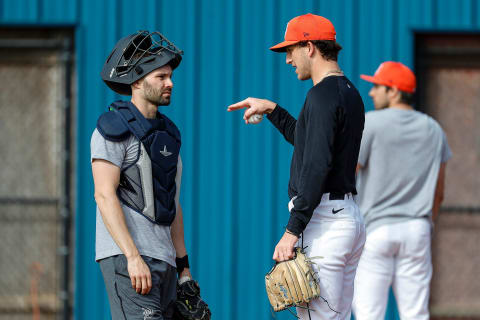 Detroit Tigers catcher Anthony Bemboom talks to pitcher Beau Brieske during spring training at