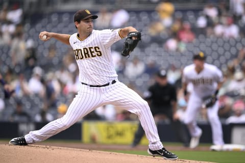 Sep 20, 2023; San Diego, California, USA; San Diego Padres starting pitcher Seth Lugo (67) throws a