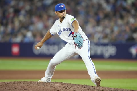 Aug 15, 2023; Toronto, Ontario, CAN; Toronto Blue Jays pitcher Jordan Hicks (12) pitches against the