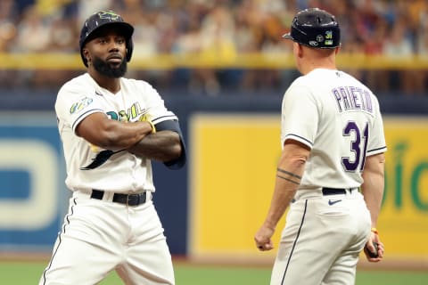 Oct 3, 2023; St. Petersburg, Florida, USA; Tampa Bay Rays left fielder Randy Arozarena (56) reacts