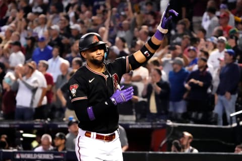 Arizona Diamondbacks left fielder Lourdes Gurriel Jr. (12) celebrates after hitting a three-run home