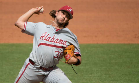 May 24, 2022; Hoover, AL, USA; Alabama pitcher Dylan Ray (38) pitches the ninth inning as Alabama