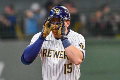 May 11, 2024; Milwaukee, Wisconsin, USA; Milwaukee Brewers third baseman Oliver Dunn (15) reacts