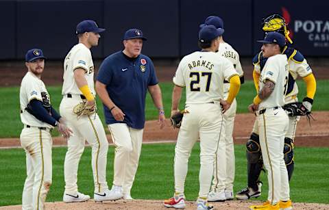 Milwaukee Brewers manager Pat Murphy relives pitcher Robert Gasser (54) during the seventh inning of their game against the Chicago Cubs Monday, May 27, 2024 at American Family Field in Milwaukee, Wisconsin.