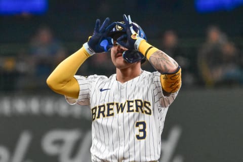 Jun 1, 2024; Milwaukee, Wisconsin, USA; Milwaukee Brewers third baseman Joey Ortiz (3) reacts after hitting a double to drive in a run against the Chicago White Sox in the third inning at American Family Field. Mandatory Credit: Benny Sieu-USA TODAY Sports