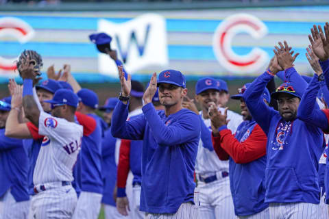 Oct 2, 2022; Chicago, Illinois, USA; The Chicago Cubs wave to the fans after the last home game