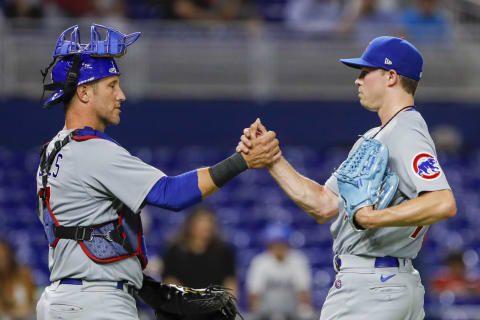 Sep 21, 2022; Miami, Florida, USA; Chicago Cubs pitcher Keegan Thompson (right) and Chicago Cubs