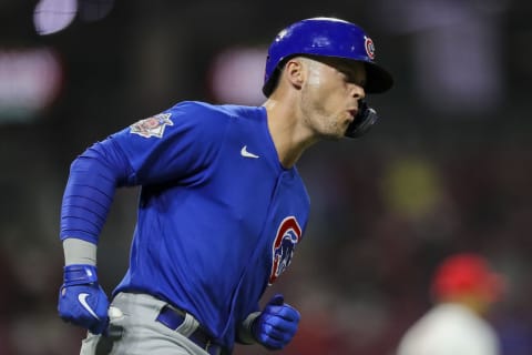 Oct 4, 2022; Cincinnati, Ohio, USA; Chicago Cubs shortstop Nico Hoerner (2) reacts after hitting a