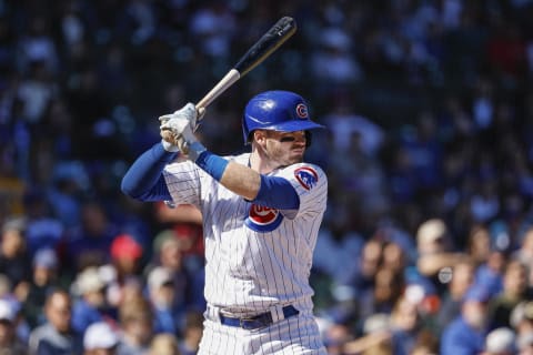 Oct 1, 2022; Chicago, Illinois, USA; Chicago Cubs left fielder Ian Happ (8) bats against the