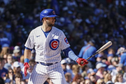 Oct 1, 2022; Chicago, Illinois, USA; Chicago Cubs second baseman David Bote (13) bats against the