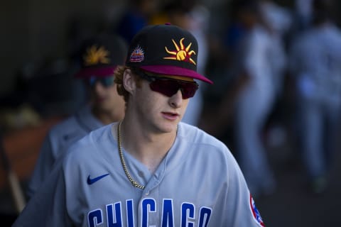 Oct 26, 2022; Surprise, Arizona, USA; Chicago Cubs outfielder Owen Caissie plays for the Mesa Solar