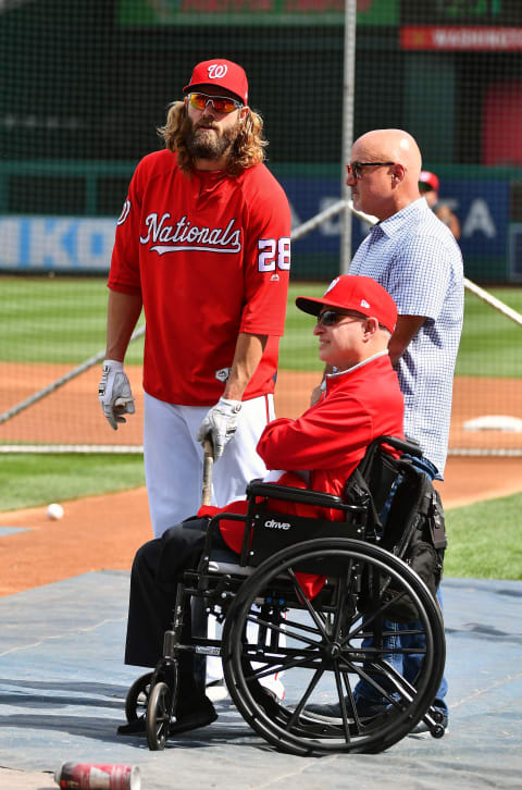 Oct 5, 2017; Washington, DC, USA; Washington Nationals left fielder Jayson Werth (28), GM Mike Rizzo, and Principle Owner Mark Lerner