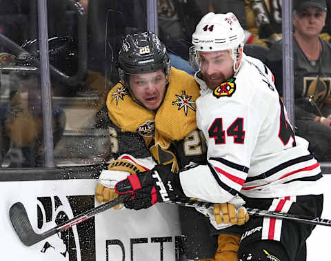 Jan 8, 2022; Las Vegas, Nevada, USA; Chicago Blackhawks defenseman Calvin de Haan (44) checks Vegas