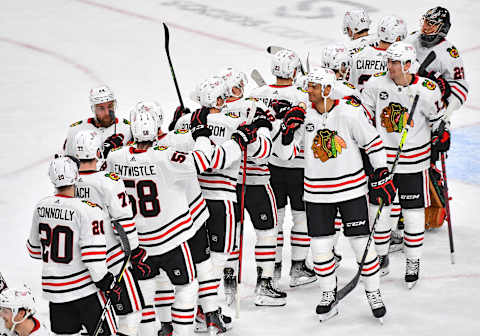 Jan 8, 2022; Las Vegas, Nevada, USA; Chicago Blackhawks players celebrate after defeating the Vegas