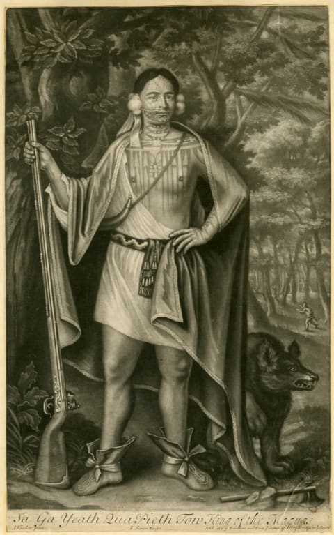 JOHN SIMON AFTER JOHN VERELST, “SA GA YEATH QUA PIETH TOW, KING OF THE MAQUAS,” 1710, MEZZOTINT, NEW-YORK HISTORICAL SOCIETY LIBRARY