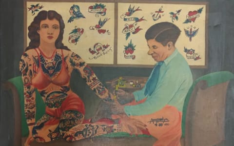 ACE HARLYN, “CHARLIE WAGNER TATTOOING MILLIE HULL,” 1939, OIL ON CANVAS, COLLECTION OF BRAD FINK, DAREDEVIL TATTOO NYC